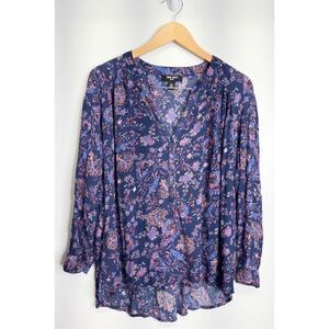 Nine West Jeans Shirt Womens Floral Long Sleeve Purple Blouse High Low Size Larg